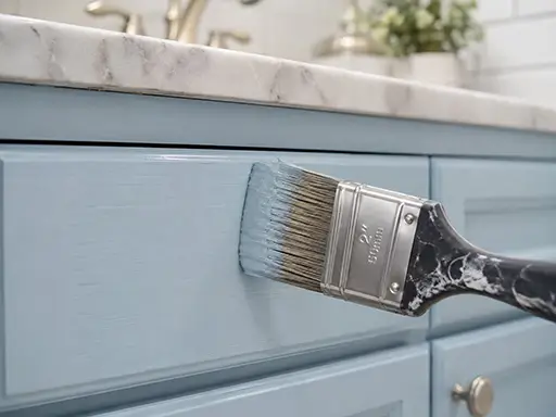 Oil vs Water-Based Cabinet Paint: Which Is Better for Kitchen Cabinets? Close-up of brush applying finish to cabinet frame for Oil vs Water-Based Cabinet Paint comparison.