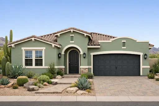 Exterior Paint Trends in Arizona for 2026 Modern desert home with soft green stucco reflecting exterior paint trends in Arizona and natural landscape design.
