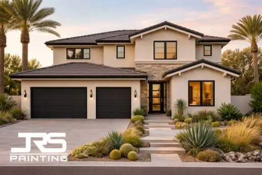 Two-story home with light stucco and dark accents highlighting modern exterior paint trends in Arizona communities.