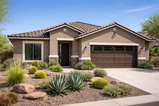 Exterior Paint Trends in Arizona for 2026 Single-story stucco home with warm neutral tones showing popular exterior paint trends in Arizona neighborhoods.