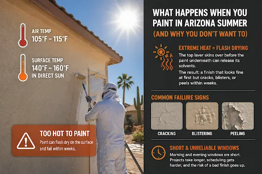 Graphic explaining why the best time to paint home exterior in Arizona avoids extreme summer temperatures.