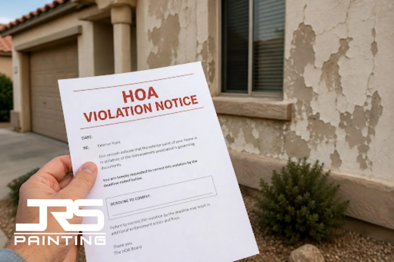 HOA paint violation notice letter in front of home with peeling exterior paint and stucco damage