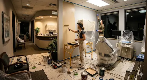 Repainting a Dental Office Without Disrupting Patient Schedules Dental office repainting crew painting walls after hours with equipment covered to minimize disruption to patients.