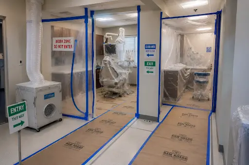 Repainting a Dental Office Without Disrupting Patient Schedules Dental office repainting with dust containment barriers and protected treatment rooms for a clean, safe workspace.