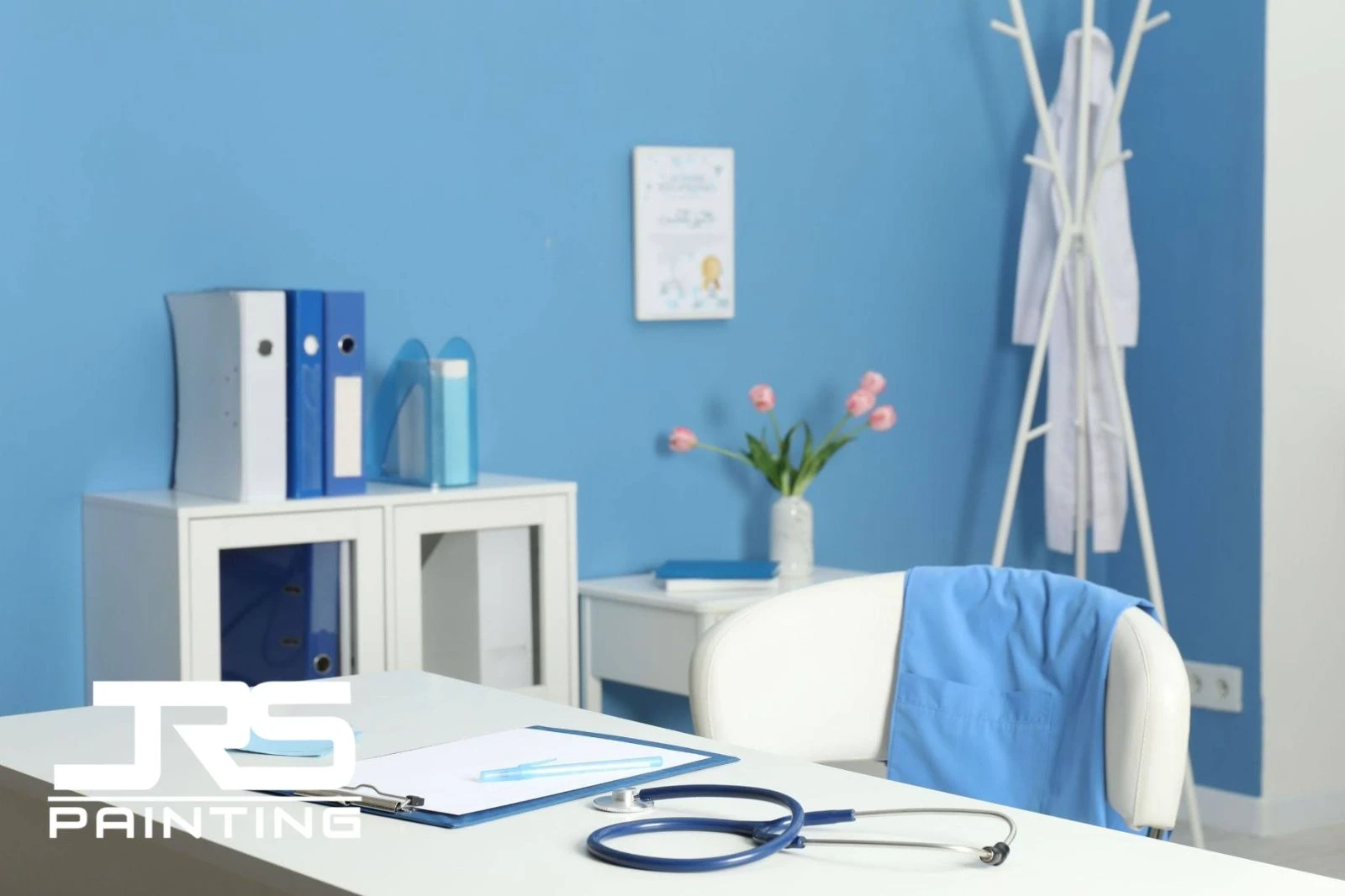 Antimicrobial & Low-VOC Paints for Medical Offices: What Phoenix Practices Need to Know Exam room featuring antimicrobial paint medical office Phoenix with low-VOC walls and healthcare furnishings.