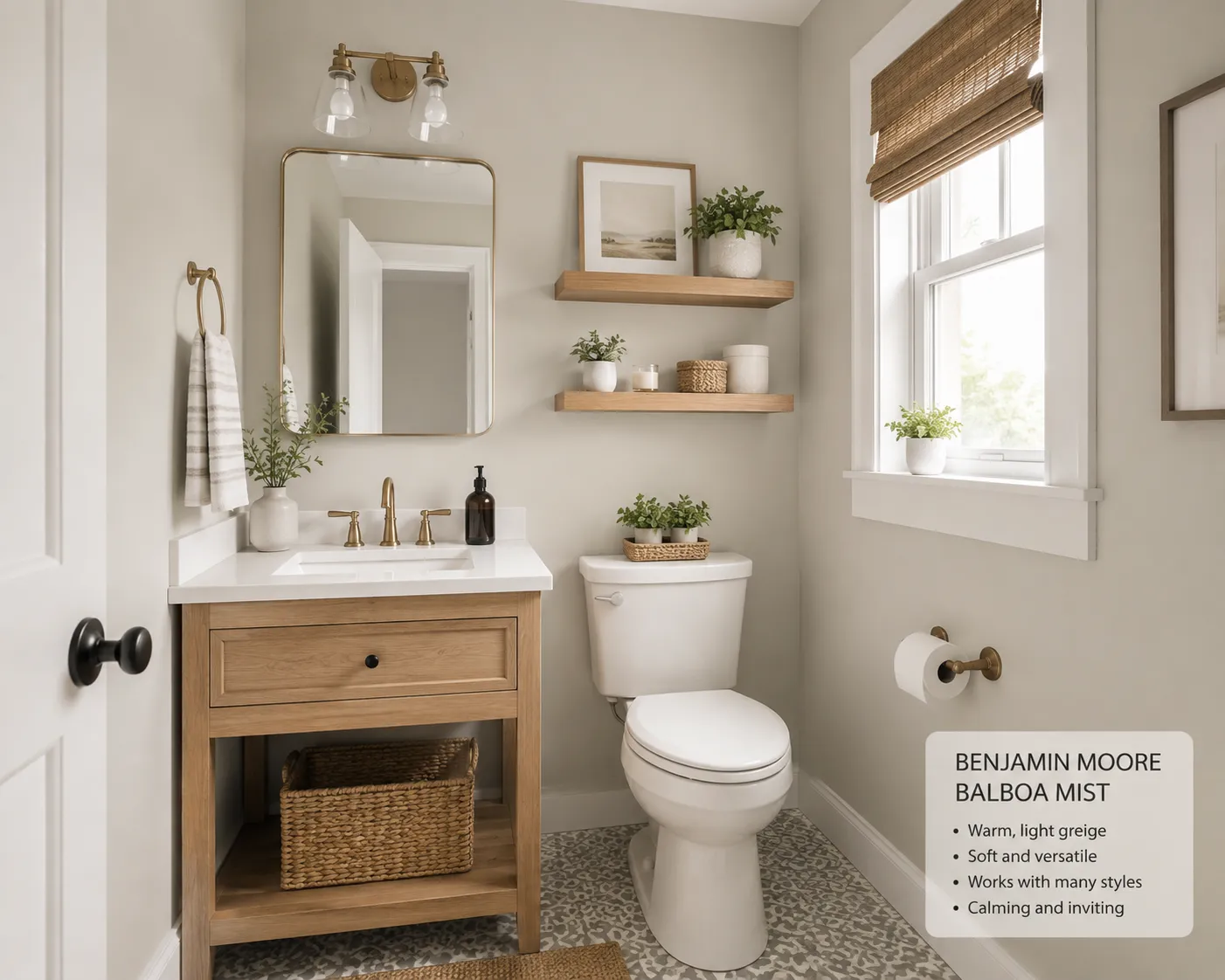 benjamin-moore-balboa-mist-small-bathroom-paint-color Small bathroom painted in Benjamin Moore Balboa Mist with wood vanity, brass fixtures, and warm neutral decor