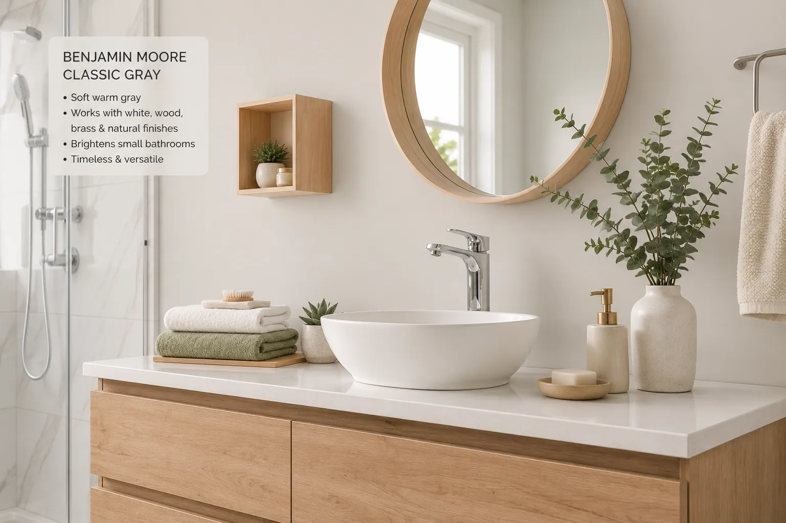 benjamin-moore-classic-gray-bathroom-paint-color Bathroom painted in Benjamin Moore Classic Gray with light wood vanity, white sink, and warm natural finishes