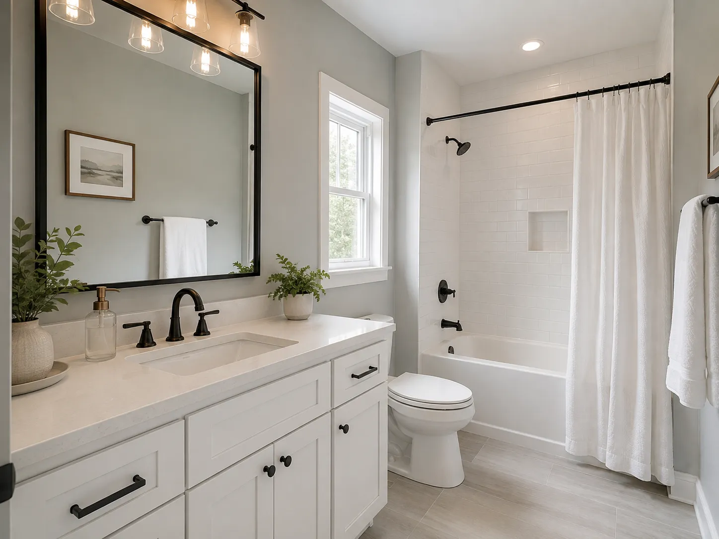 benjamin-moore-coventry-gray-bathroom-paint-color Bathroom painted in Benjamin Moore Coventry Gray with white vanity, black fixtures, and white tile