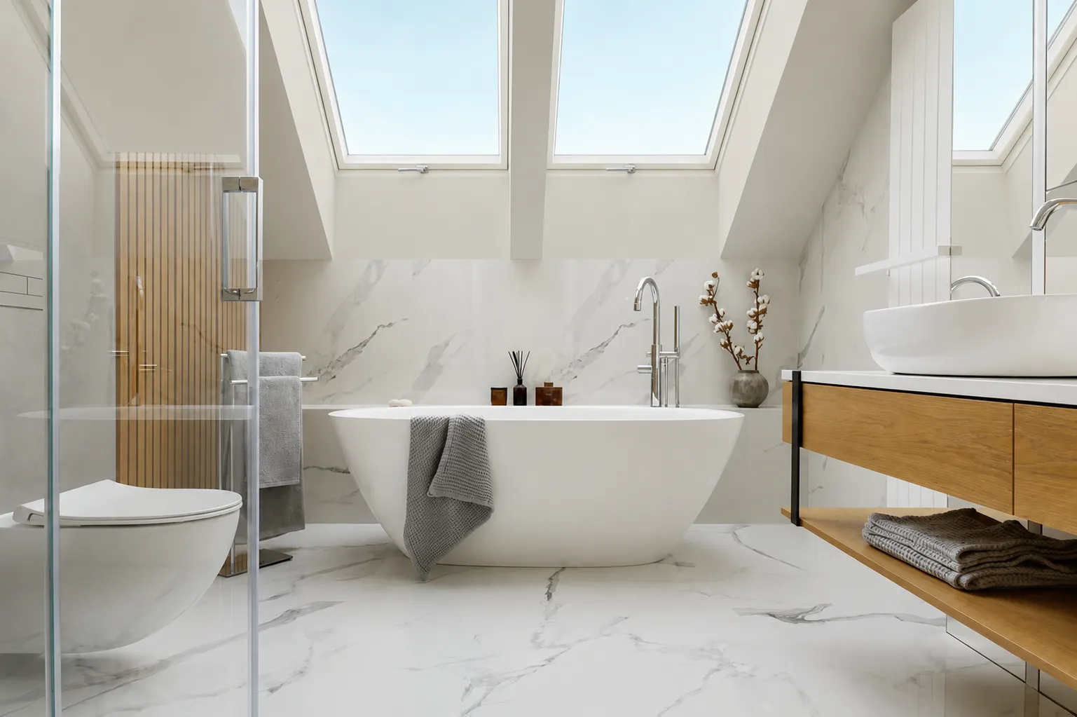Bathroom painted in Benjamin Moore Gray Owl with white marble, wood vanity, and modern fixtures