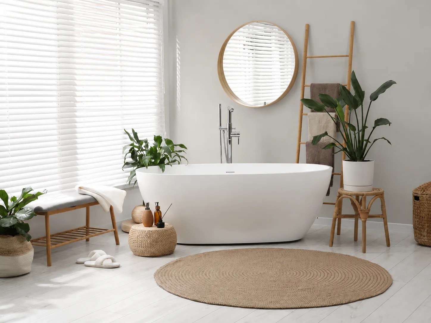 benjamin-moore-stonington-gray-bathroom-paint-color Bathroom painted in Benjamin Moore Stonington Gray with white tub, wood accents, plants, and bright natural light