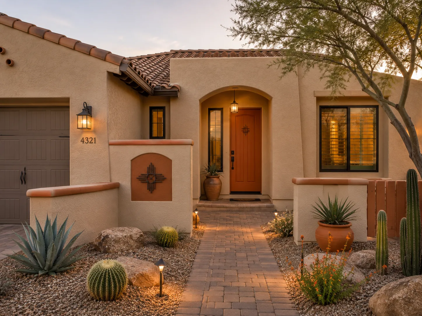 burnt-orange-exterior-paint-ideas-beige-stucco-orange-door Burnt orange exterior paint ideas with a beige stucco home, orange front door, courtyard wall, and desert entry.
