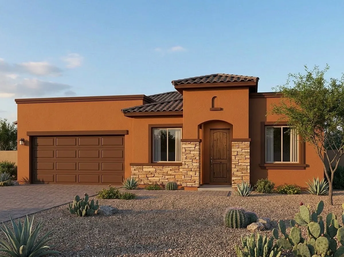 burnt-orange-exterior-paint-ideas-brown-garage-stone-entry Burnt orange exterior paint ideas on a stucco home with brown garage door, stone entry accents, and desert landscaping.