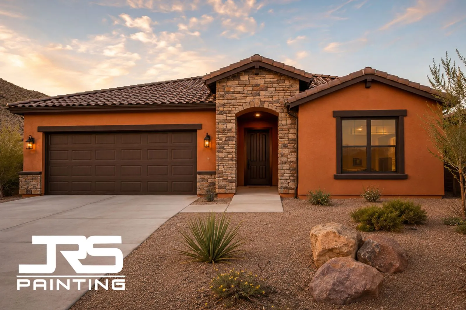 burnt-orange-exterior-paint-ideas-chocolate-brown-trim Burnt orange exterior paint ideas with chocolate brown trim, matching garage door, and natural stone entry accents.