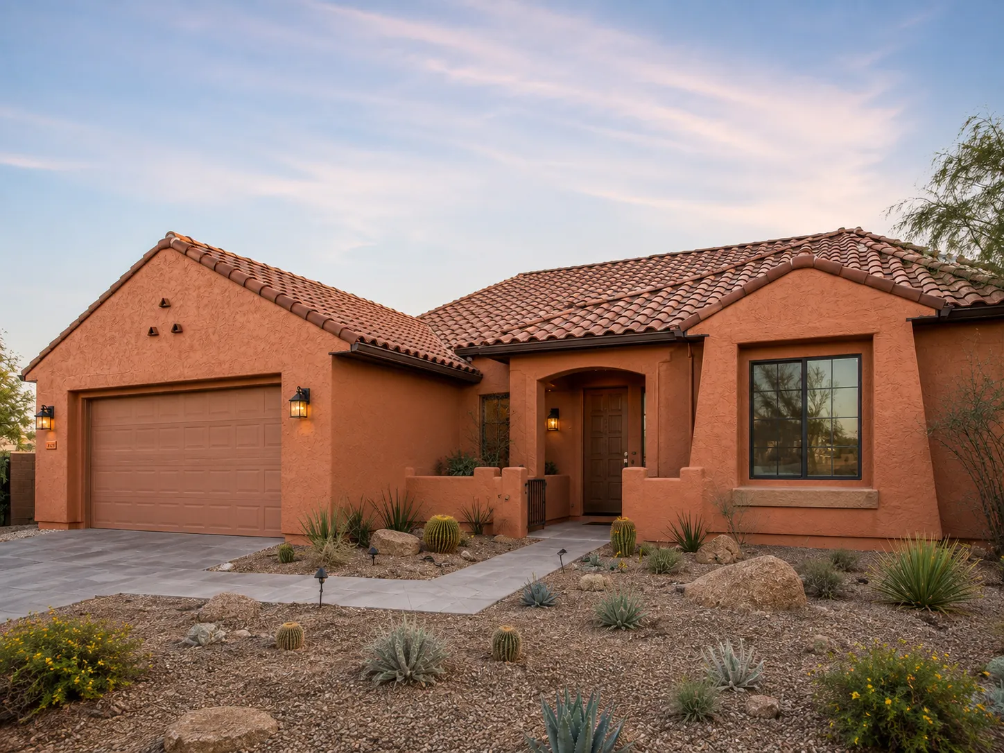 burnt-orange-exterior-paint-ideas-dusty-terracotta-home Burnt orange exterior paint ideas featuring dusty terracotta stucco, clay tile roofing, and desert landscaping.
