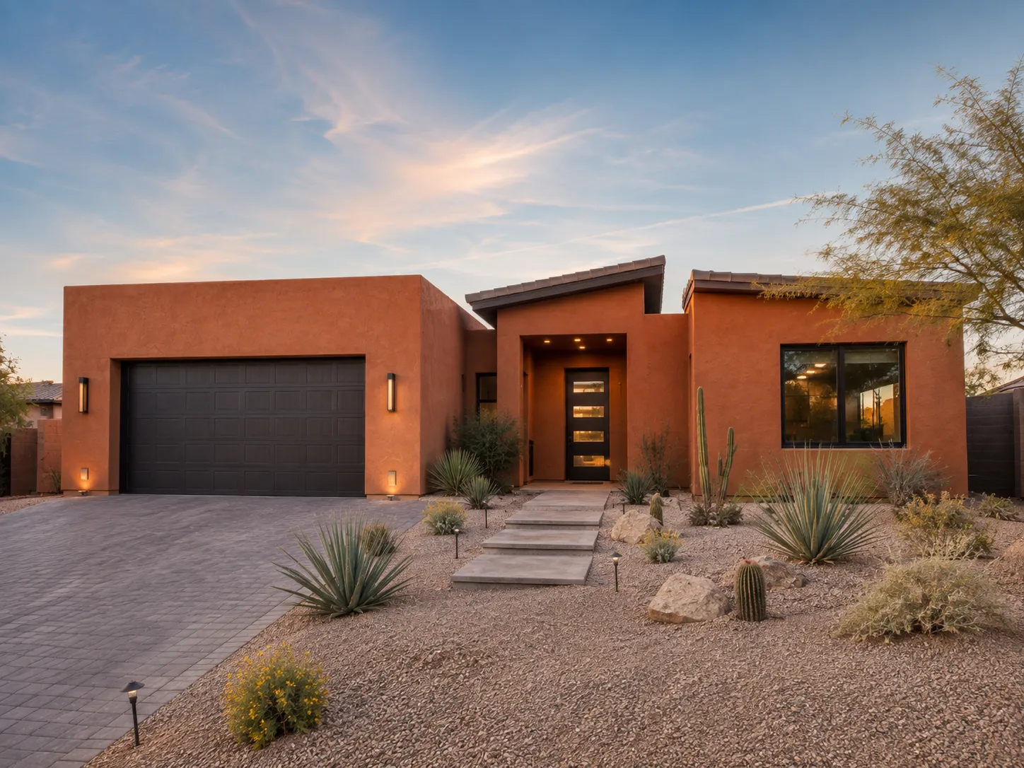 burnt-orange-exterior-paint-ideas-modern-charcoal-accents Burnt orange exterior paint ideas for a modern Arizona stucco home with charcoal garage door and dark window frames.