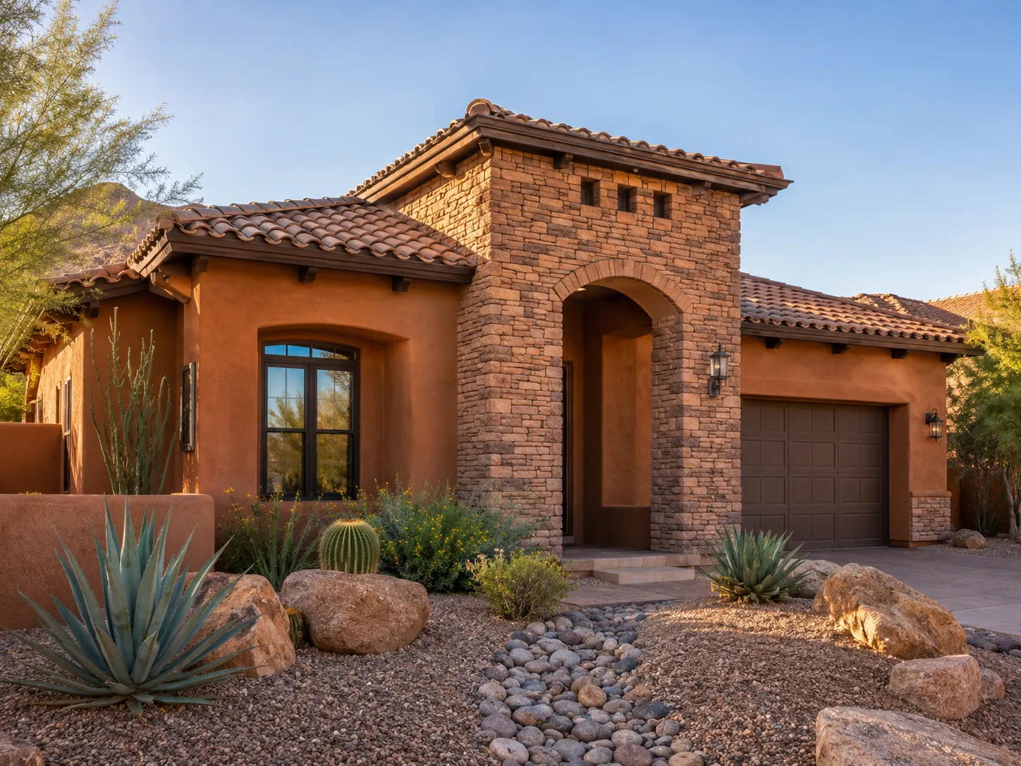 burnt-orange-exterior-paint-ideas-sandstone-entry-arizona Burnt orange exterior paint ideas on an Arizona stucco home with stacked sandstone entry and desert landscaping.