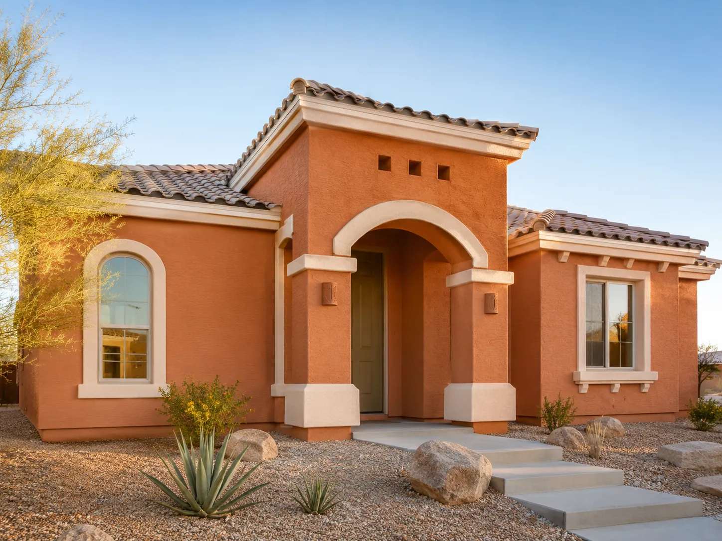 burnt-orange-exterior-paint-ideas-soft-clay-arizona-home Burnt orange exterior paint ideas featuring a soft clay-orange Arizona home with warm white trim and minimal landscaping.