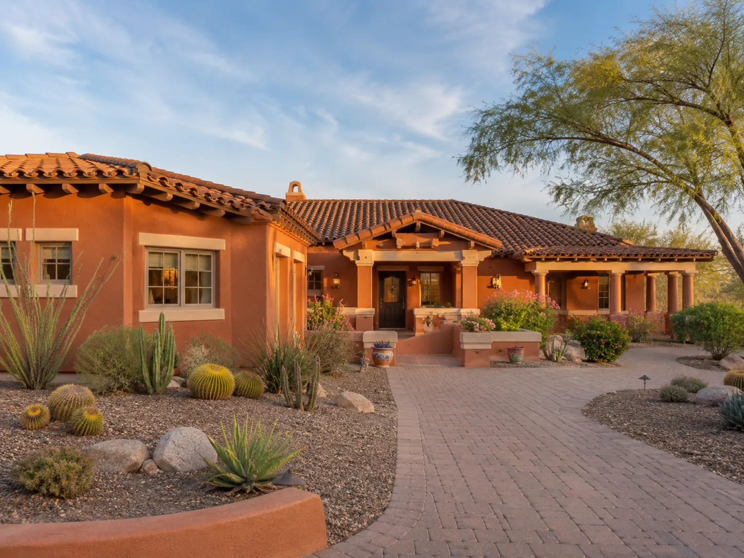 burnt-orange-exterior-paint-ideas-southwestern-ranch-home Burnt orange exterior paint ideas on a Southwestern ranch home with cream trim, clay tile roof, and desert landscaping.