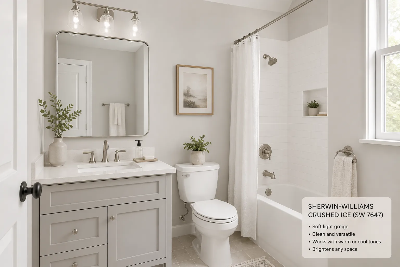 sherwin-williams-crushed-ice-small-bathroom-paint-color Small bathroom painted in Sherwin-Williams Crushed Ice with white vanity, tub, and brushed nickel fixtures