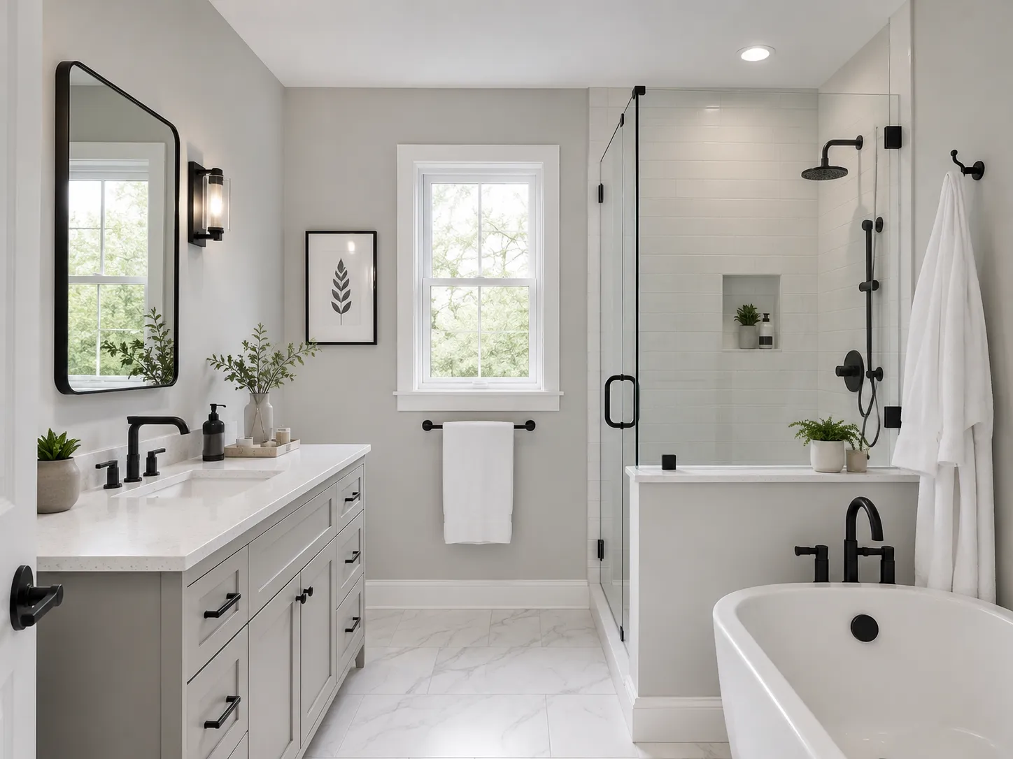 sherwin-williams-light-french-gray-bathroom-paint-color Bathroom painted in Sherwin-Williams Light French Gray with white tile, black fixtures, and bright natural light