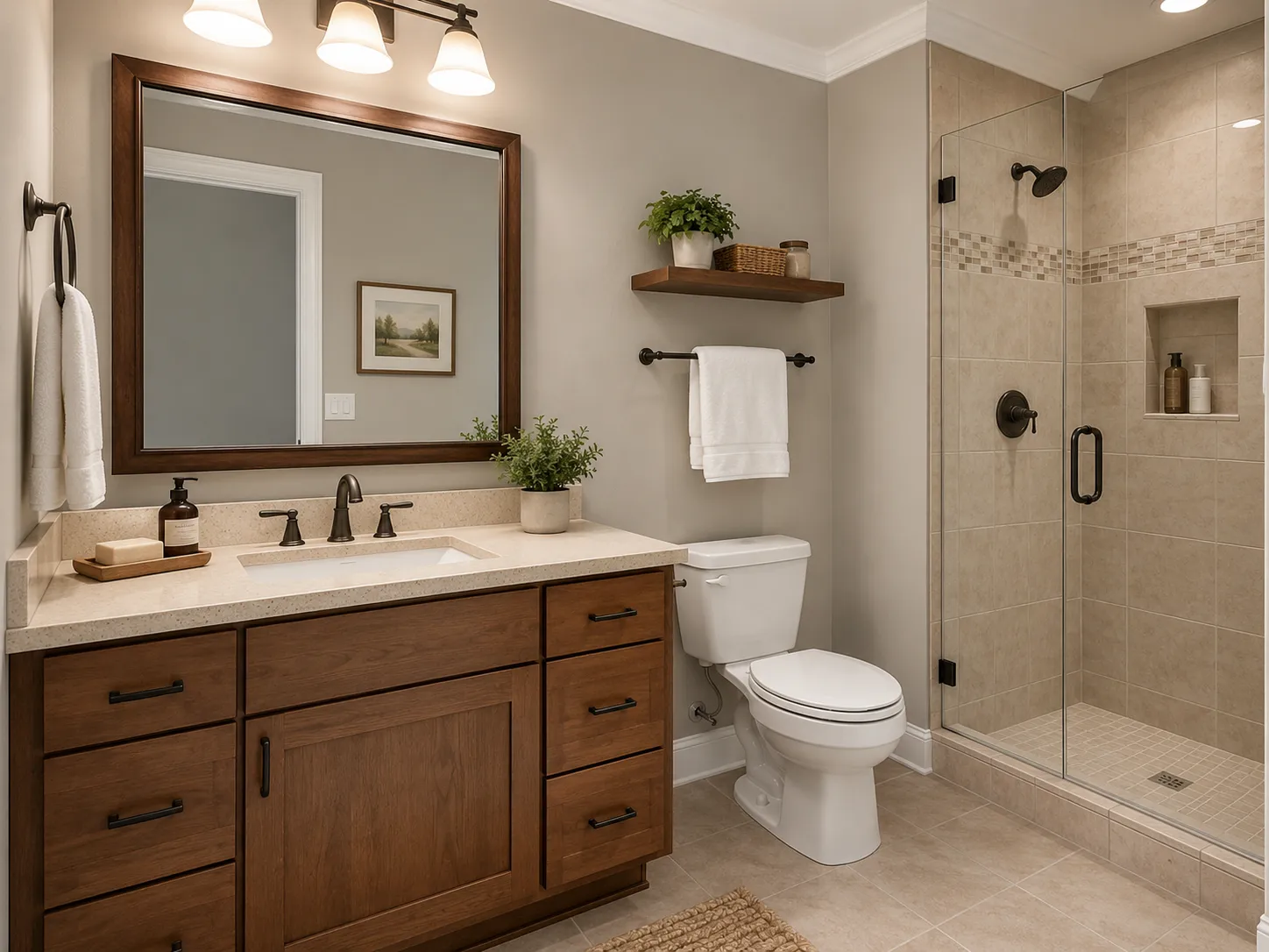 sherwin-williams-mindful-gray-bathroom-paint-color Bathroom painted in Sherwin-Williams Mindful Gray with wood vanity, warm tile, and black fixtures