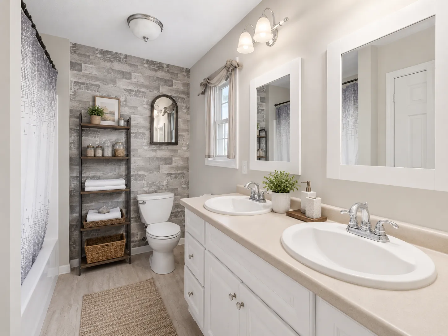 sherwin-williams-repose-gray-bathroom-paint-color Bathroom painted in Sherwin-Williams Repose Gray with white vanity, chrome fixtures, and warm neutral finishes